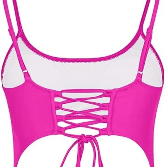 Meyeeka Women's Pink Scoop Neck Lace Up Back High Cut One Piece Swimsuit Small - Picture 11 of 12
